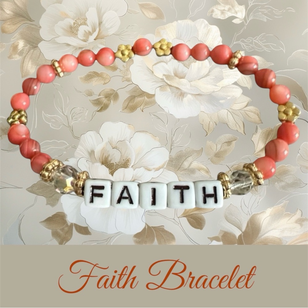 Faith Bracelet- 7” Little Words stretch FAITH bracelet, crystal & coral stone
